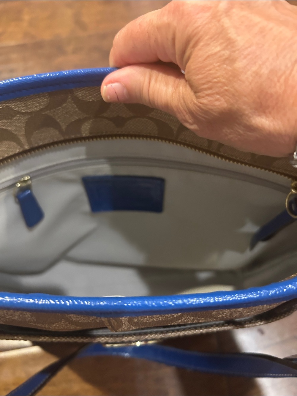 Coach Tan Signature Canvas Tote with Blue Leather Trim - Picture 3 of 4